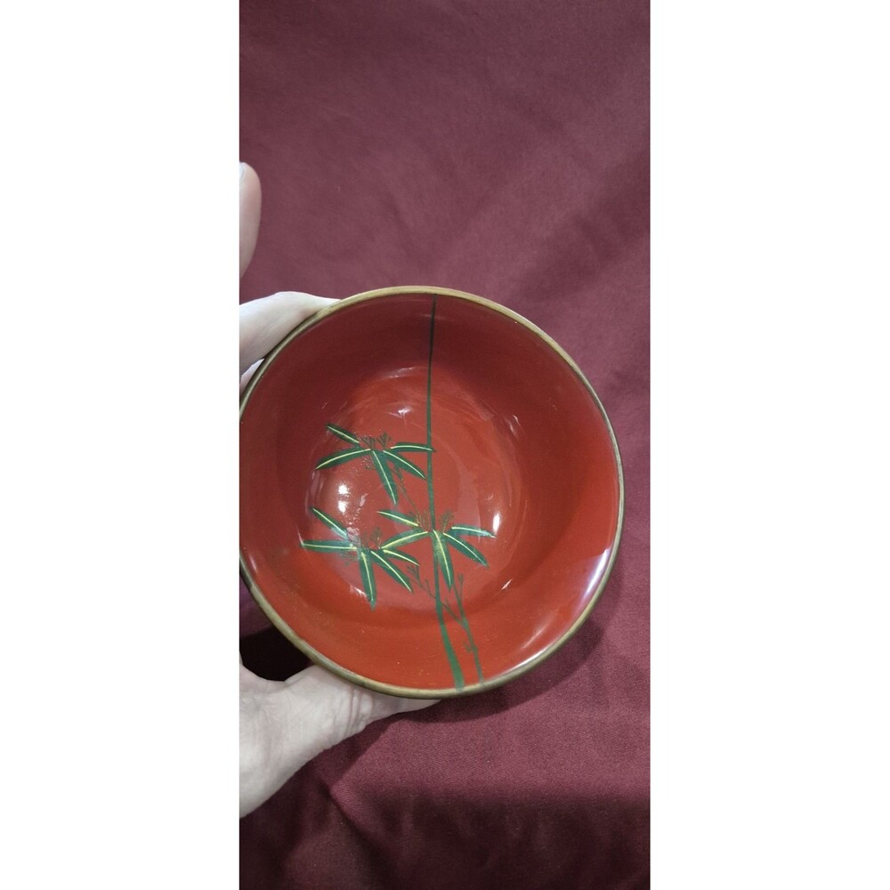 KARAVAN Occupied Japan Red Japanese  5" Lacquer Wave Bowl Bamboo 1945-1952